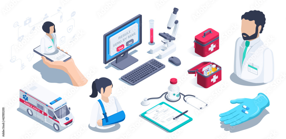 isometric vector illustration isolated on white background, medical help, doctor and hand with pills and first aid kit and ambulance isometric vector illustration isolated on white background, medical help, doctor and hand with pills and first aid kit and ambulance