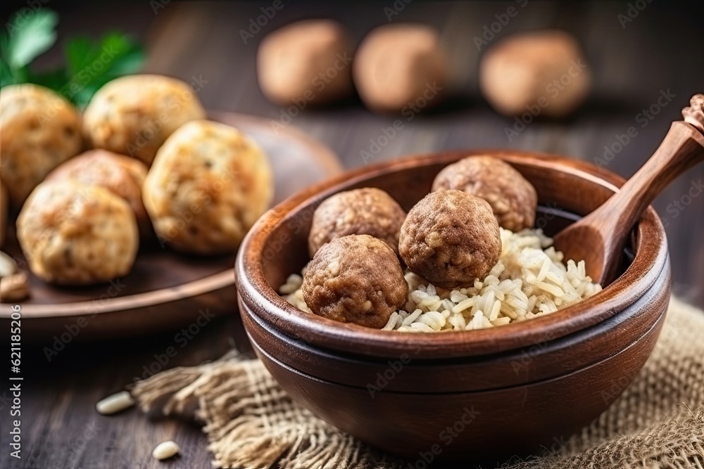 delicious bowl of rice and meatballs, perfect for a hearty meal. Generative AI delicious bowl of rice and meatballs, perfect for a hearty meal. Generative AI