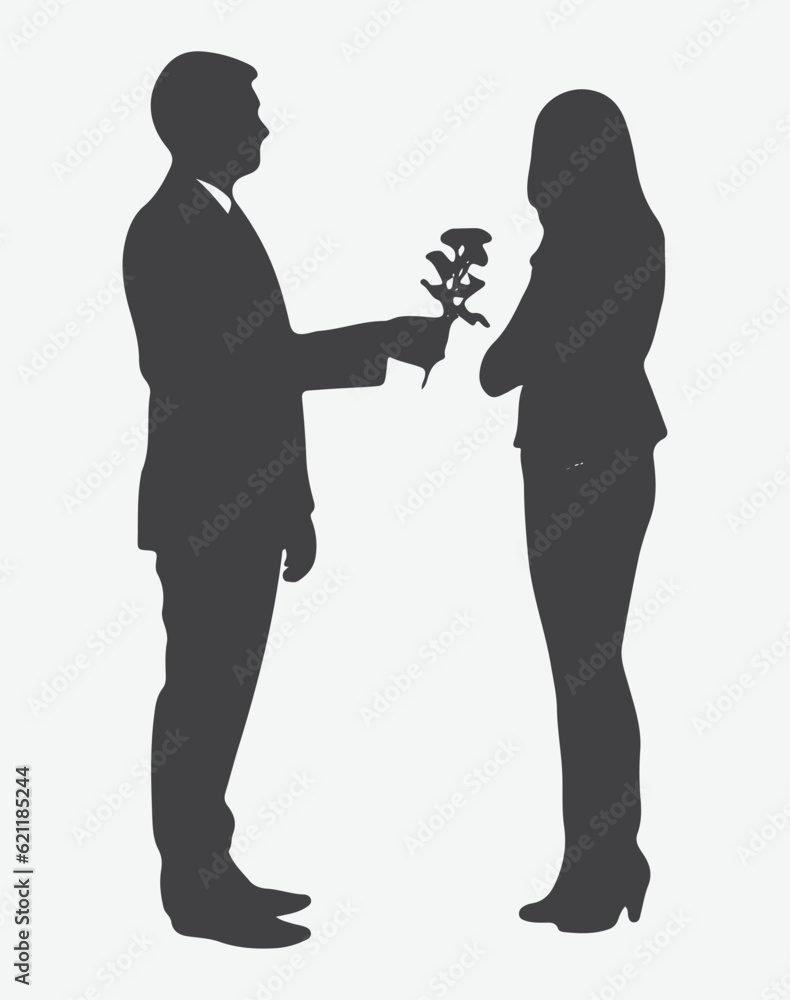 Tender Gestures of Affection, Silhouettes of a Young Man Gifting a Branch of Flowers to a Beautiful Lady