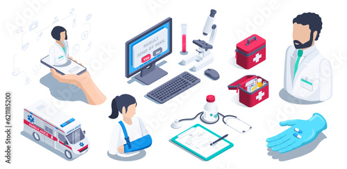 isometric vector illustration isolated on white background, medical help, doctor and hand with pills and first aid kit and ambulance
