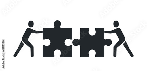 flat vector image isolated on white background, icon of persons pushing pieces of puzzle, personal work or task or teamwork