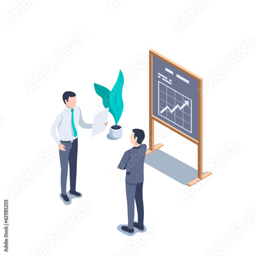 isometric vector illustration on a white background, a man reads a report from a sheet of paper standing near a blackboard with a chart and the boss who listens to him