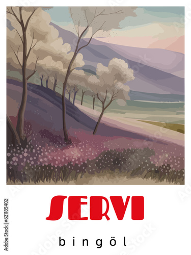 Servi: Retro tourism poster with a Turkish landscape and the headline Servi / Bingöl