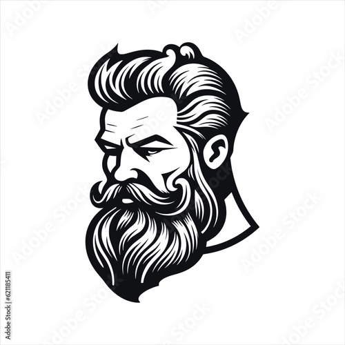 Stylish barber shop logo featuring a dashing man with a beard and mustache.
