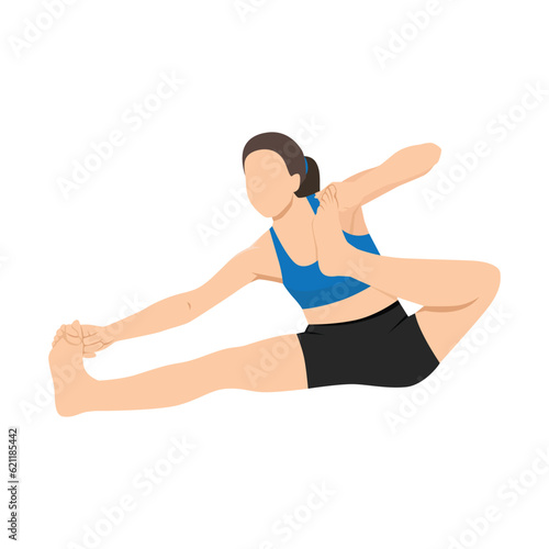 Woman performs yoga asana Akarna Dhanurasana or Ardzhunasana (Archer Pose orÂ Pose Arjuna) on rug. Flat vector illustration isolated on white background