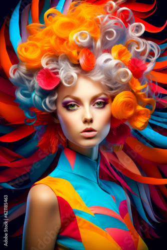 Woman with colorful hair and flowers on her head and colorful feathers on her head. Generative AI.