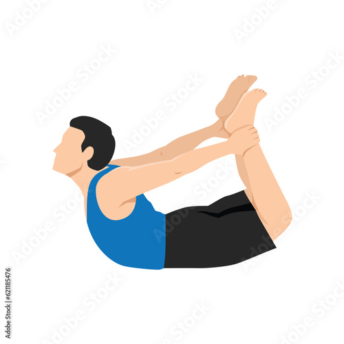 Man doing yoga pose,Dhanurasana Bow Pose asana in hatha yoga. Flat vector illustration isolated on white background