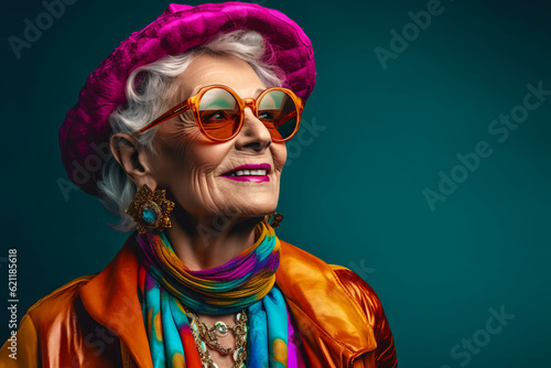 Old woman with glasses and colorful scarf around her neck and wearing colorful scarf around her neck. Generative AI.