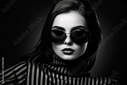 Black and white photo of woman wearing sunglasses and striped shirt. Generative AI.