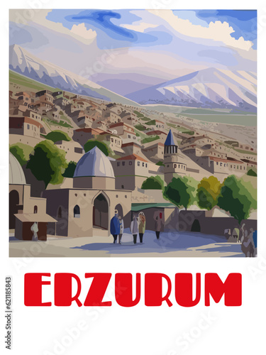 Erzurum: Retro tourism poster with a Turkish landscape and the headline Erzurum / Erzurum photo