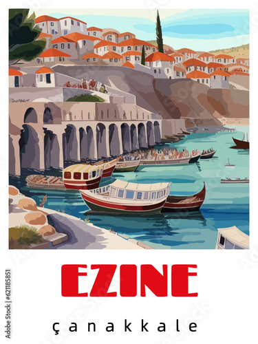 Ezine: Retro tourism poster with a Turkish landscape and the headline Ezine / Çanakkale