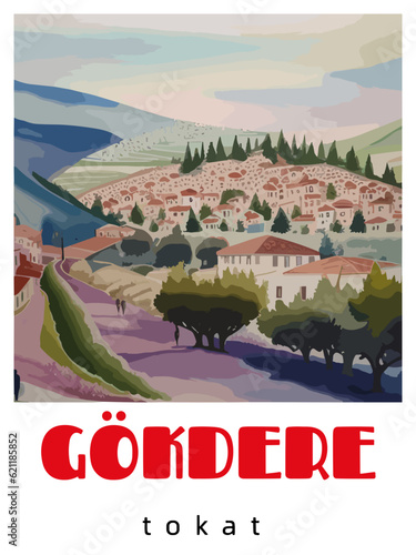 Gökdere: Retro tourism poster with a Turkish landscape and the headline Gökdere / Tokat photo