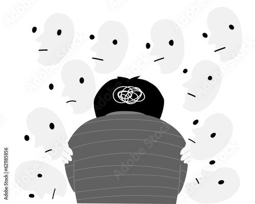 Silhouette of a boy hugging self with stigma, Kid mental health concept. Flat vector illustration.