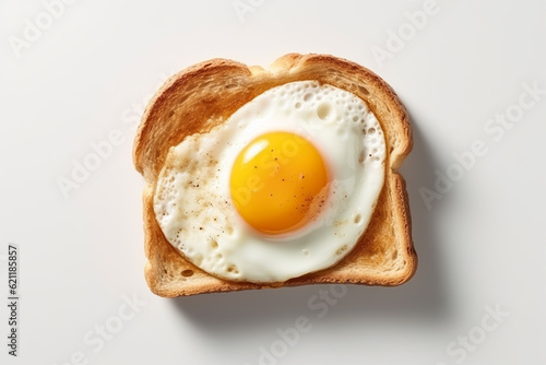 toast with fried egg on isolated white background.top view, generative ai