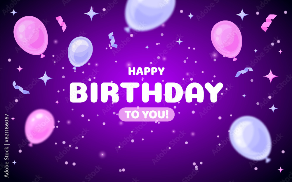 Happy birthday greeting card purple shiny flat. Pink violet balloon confetti star ribbon glitter cute fly template banner flyer poster congratulate postcard cover holiday event big date sparkle party