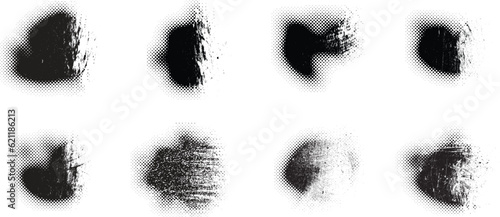 Glitch distorted grungy abstract forms . Blob shape organic. Template for presentation, banner . Fluid isolated shape .Grunge textured . Liquid vector shapes with halftone dots .Screen print texture