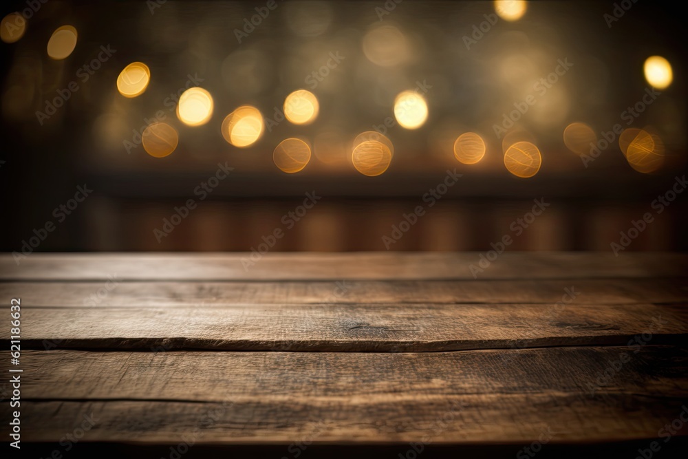 rustic wooden table with bokeh lights in the background. Generative AI