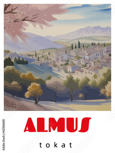 Almus: Retro tourism poster with a Turkish landscape and the headline Almus / Tokat photo