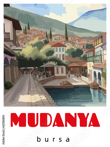 Mudanya: Retro tourism poster with a Turkish landscape and the headline Mudanya / Bursa
