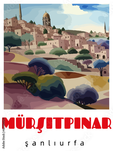 Mürşitpınar: Retro tourism poster with a Turkish landscape and the headline Mürşitpınar / Şanlıurfa photo