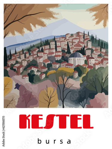Kestel: Retro tourism poster with a Turkish landscape and the headline Kestel / Bursa photo
