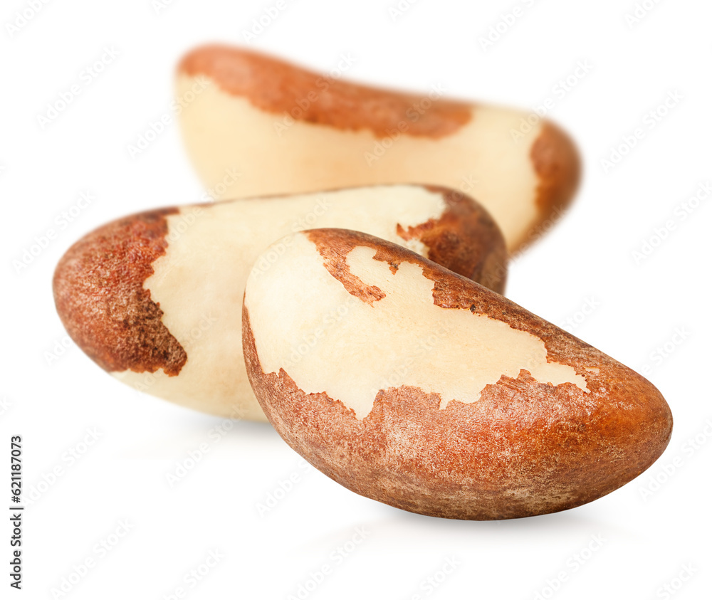 three brazil nuts on a white isolated background