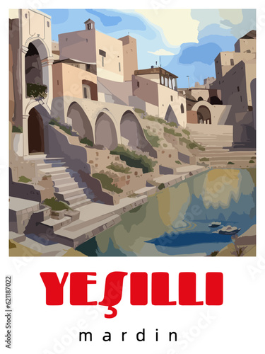 Yeşilli: Retro tourism poster with a Turkish landscape and the headline Yeşilli / Mardin photo