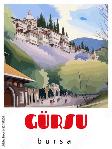 Gürsu: Retro tourism poster with a Turkish landscape and the headline Gürsu / Bursa