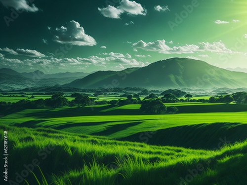 A beautiful sunset over green fields in the countryside.