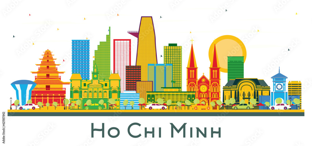 Ho Chi Minh Vietnam City Skyline with Color Buildings Isolated on White.
