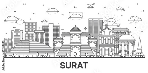 Outline Surat India City Skyline with Modern and Historic Buildings Isolated on White.