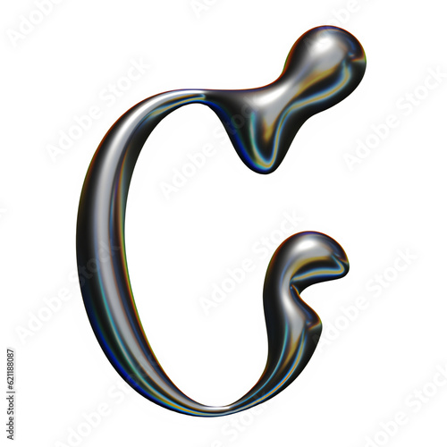 Letter C Liquid Chrome Metal, 3d Realistic Futuristic Font Melted