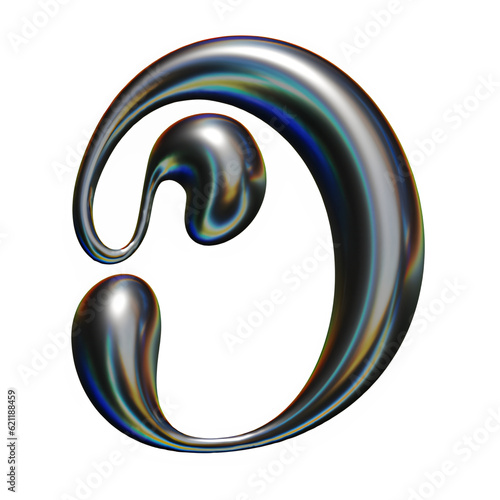 Letter D Liquid Chrome Metal, 3d Realistic Futuristic Font Melted