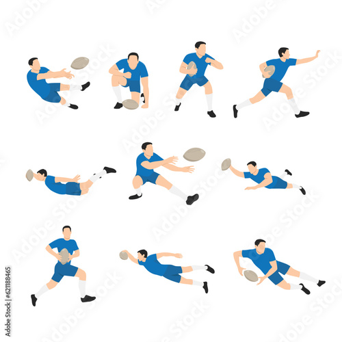 The set of different Rugby players. Flat vector illustration isolated on white background