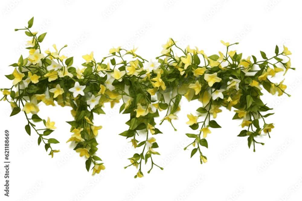 A group of Jasminum Nudiflorum creeper plants isolated on a transparent background, Generative Ai
