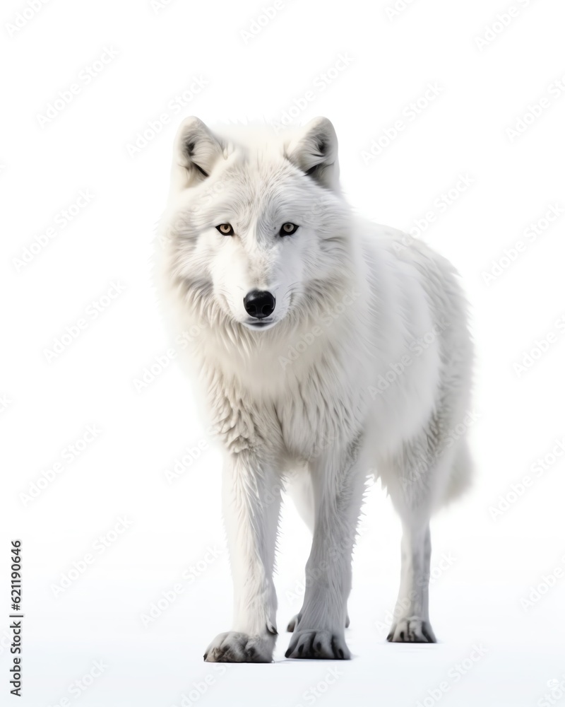 a white wolf standing on a white surface a white wolf standing on a white surface