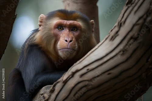 curious monkey perched on a tree branch staring directly at the viewer. Generative AI