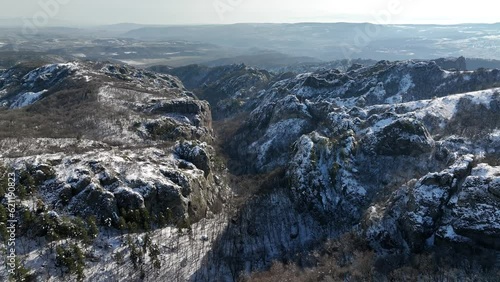 Aerial view of snowy Birtvisi rocky landscape in Kvemo karli region. Georgia photo