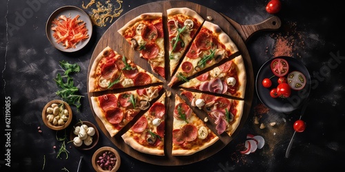Generative AI. Fresh pizza on a wooden board. Pizza on the board 3d illustration concept