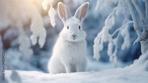 White hare sits on the snow in the winter forest photo