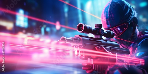 Hi tech Shotgun aiming at the target, technology concept. Glowing pink blue lines and bokeh lights , AI generative