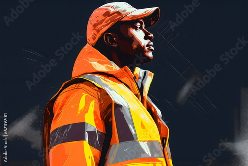 poc man wearing high vis orange vest at workplace, illustration made with generative ai photo