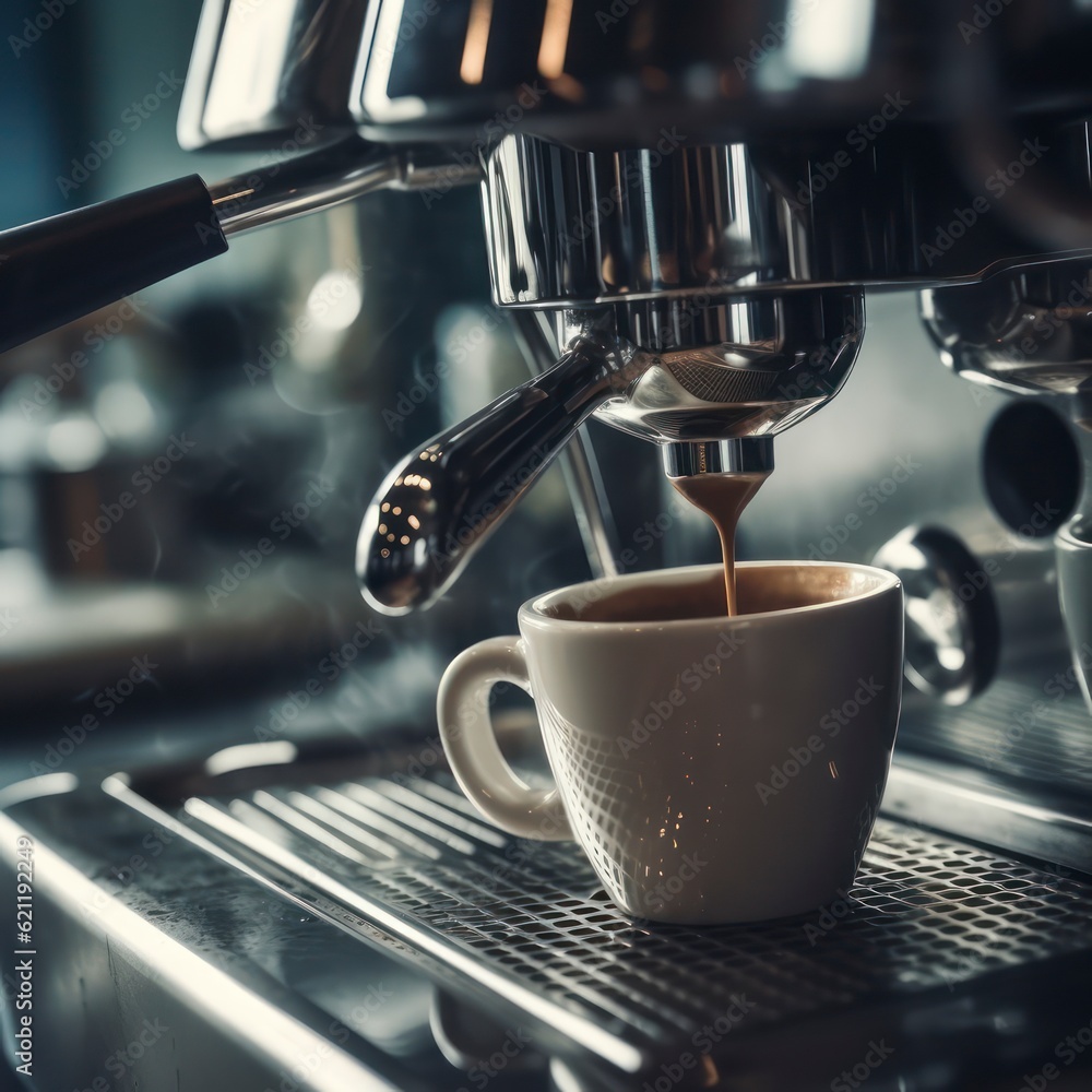 Close up from bottom of professional coffee machine preparing fresh espresso coffee. Generative AI Close up from bottom of professional coffee machine preparing fresh espresso coffee. Generative AI