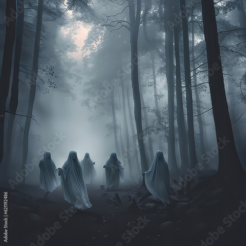 AI-generated image of ghosts soaring through a misty forest at dusk. Stock image.