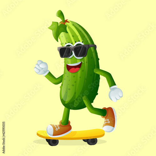 Cute cucumber character skateboarding
