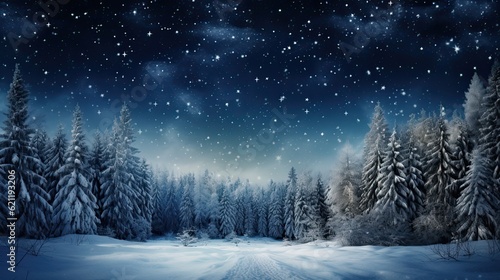 Winter forest with snow, sky and stars at night © zakiroff