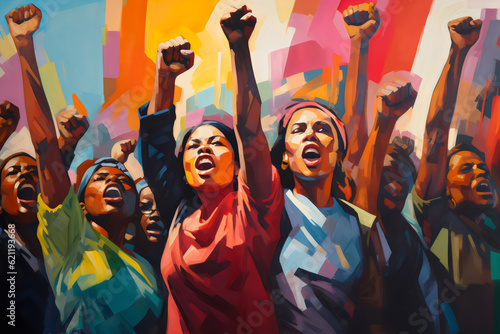 protest with raised fists, colorful painting made with generative ai photo