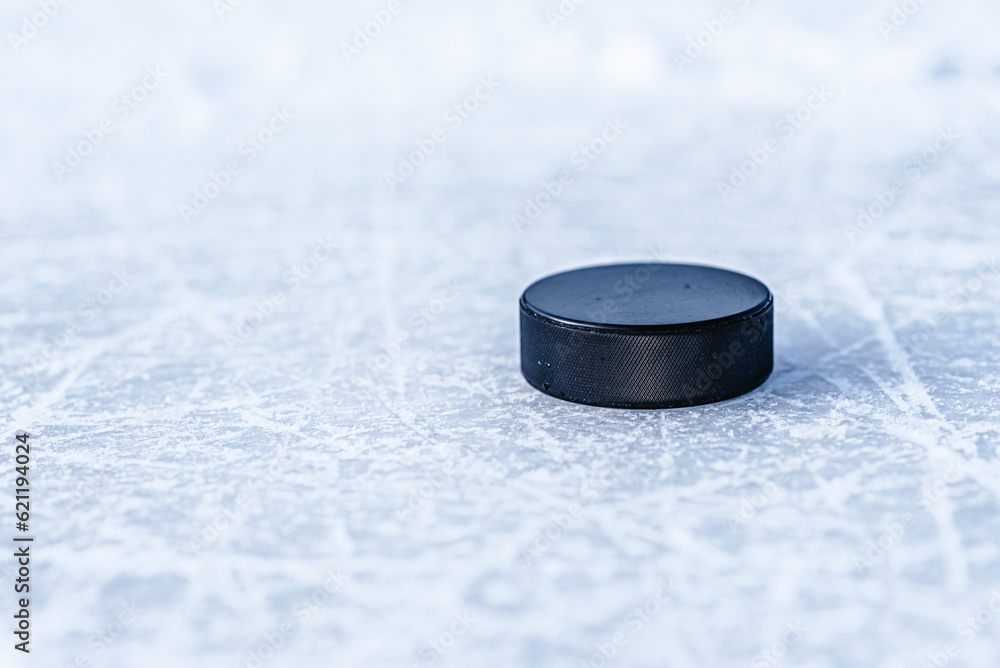 hockey puck lies on the snow close-up - obrazy, fototapety, plakaty 