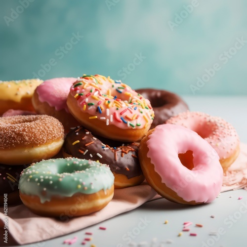 All sorts of donuts, Natural colors, minimalist, bright background. Generative AI