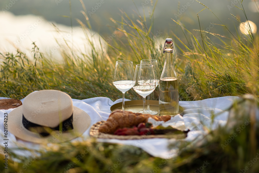 Beautiful summer picnic in the park with tasty fresh berries, croissants and wine. Pleasure time at nature.